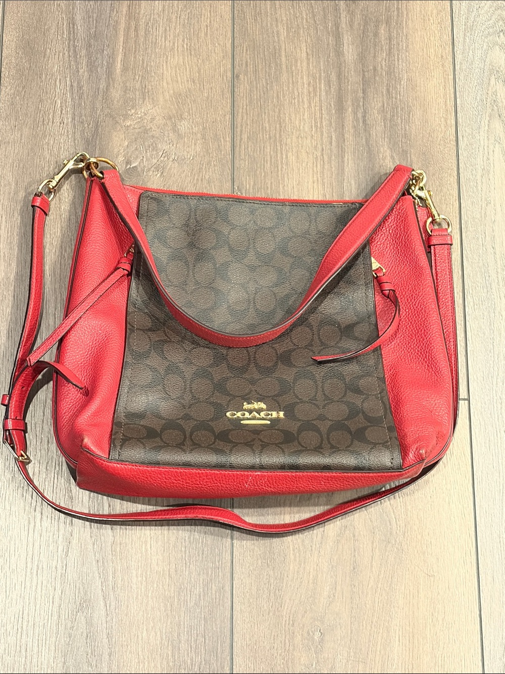 Coach Brown Signature Canvas Shoulder Bag with Red Leather Trim